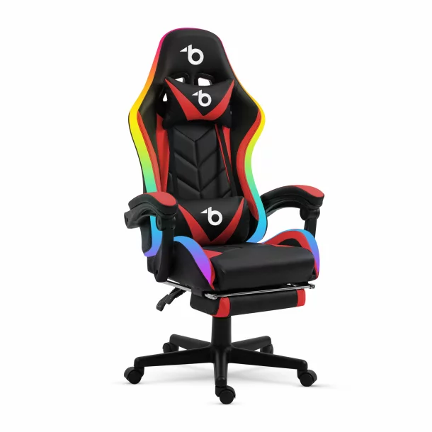 Scaun gamer RGB LED - cu cotiere, perna - negru/rosu