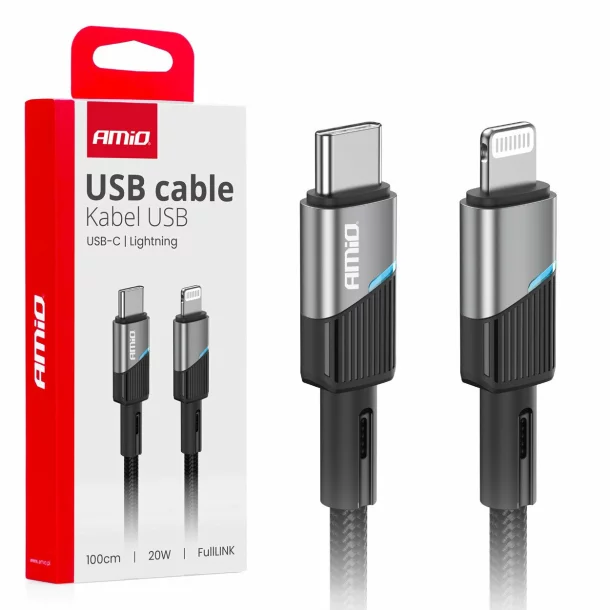 Data and charging cable USB Type-C to Lightning type, 20WA, 100cm, with LED, FullLINK Amio, Black