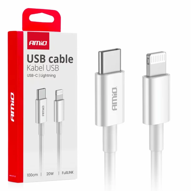 Cablu de date si incarcare USB Type-C la tip Lightning, 20W, 100cm, FullLINK Amio, Alb