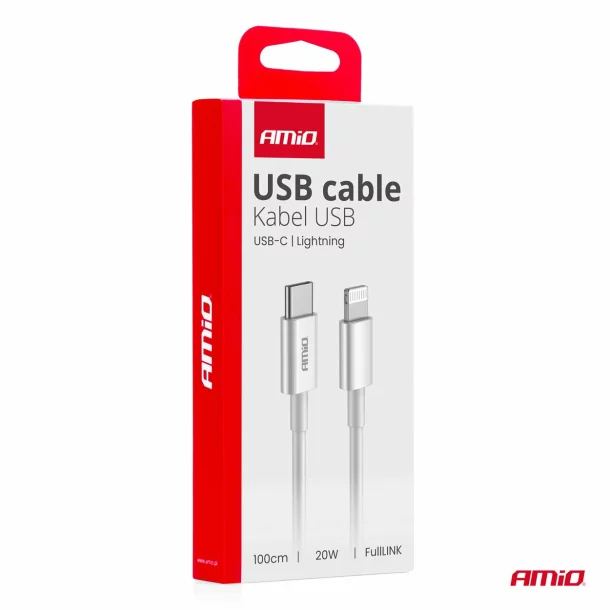 Data and charging cable USB Type-C to Lightning type, 20WA, 100cm, FullLINK Amio, White